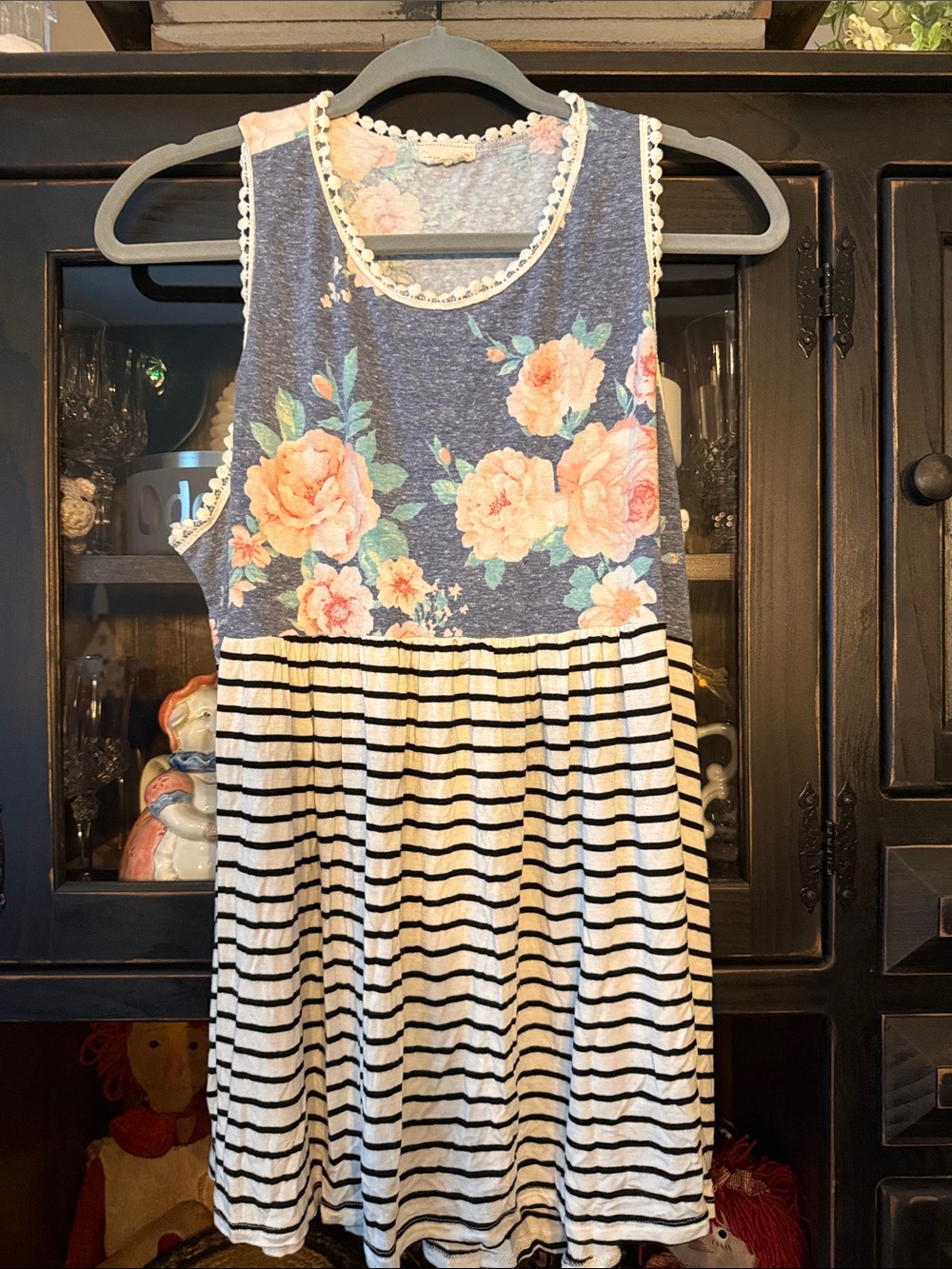 Lovely Melody Blue Floral Top with Cream & Black Striped Skirt Dress
